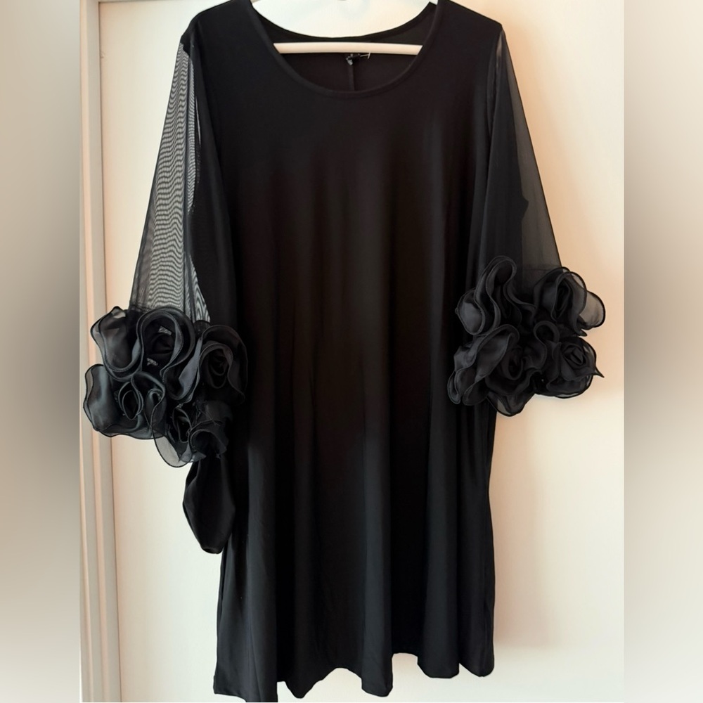 Nina Leonard Black Ruffled Embellished Cocktail Dress